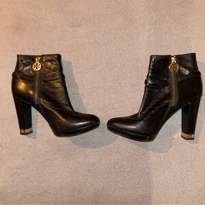 Tory Burch Black Heeled Boots with Gold Hardware
